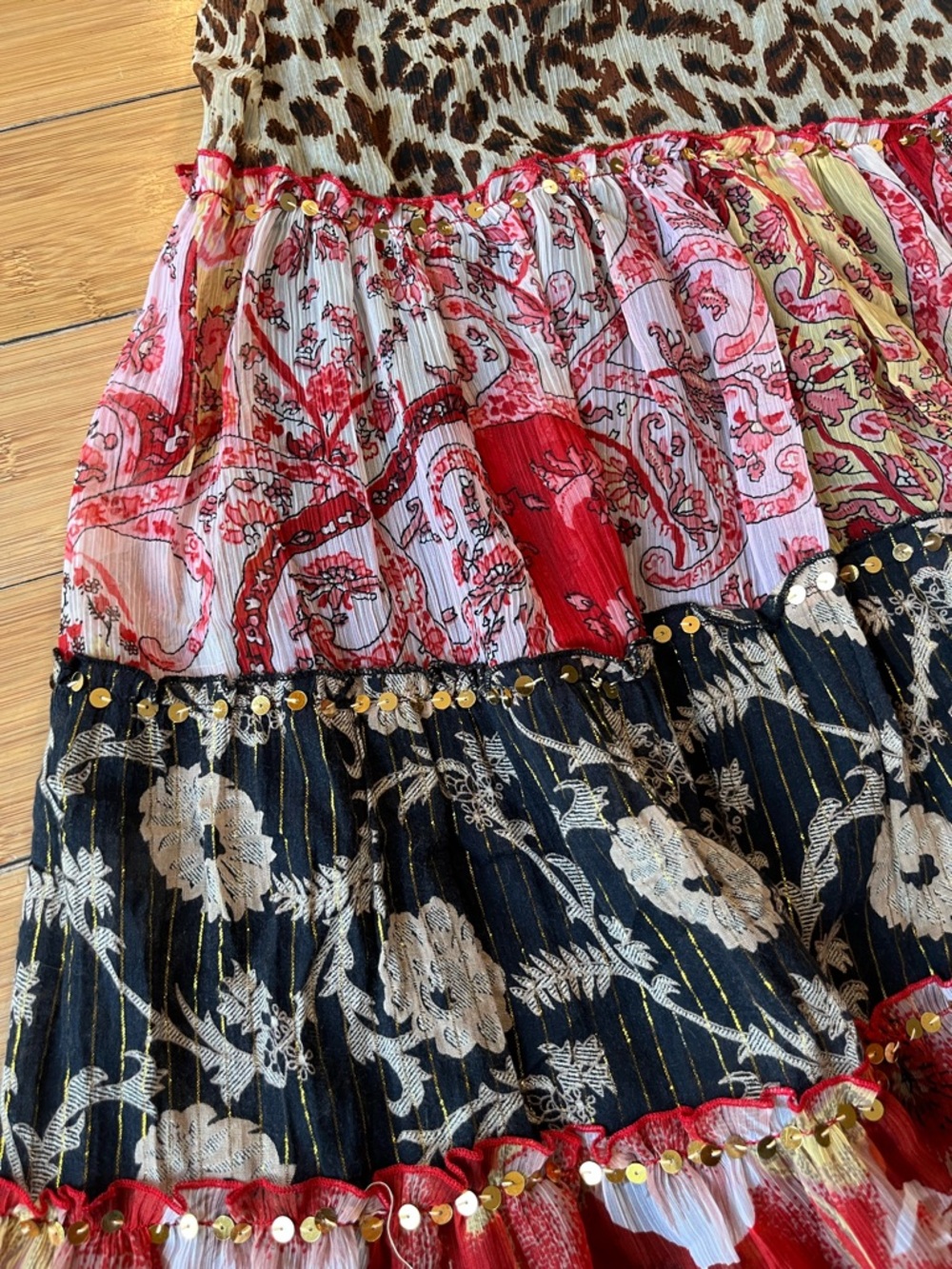 XOXO Y2K Tiered Mixed Media Floral Patchwork Low Rise Artsy Skirt with Sequins - Picture 10 of 12